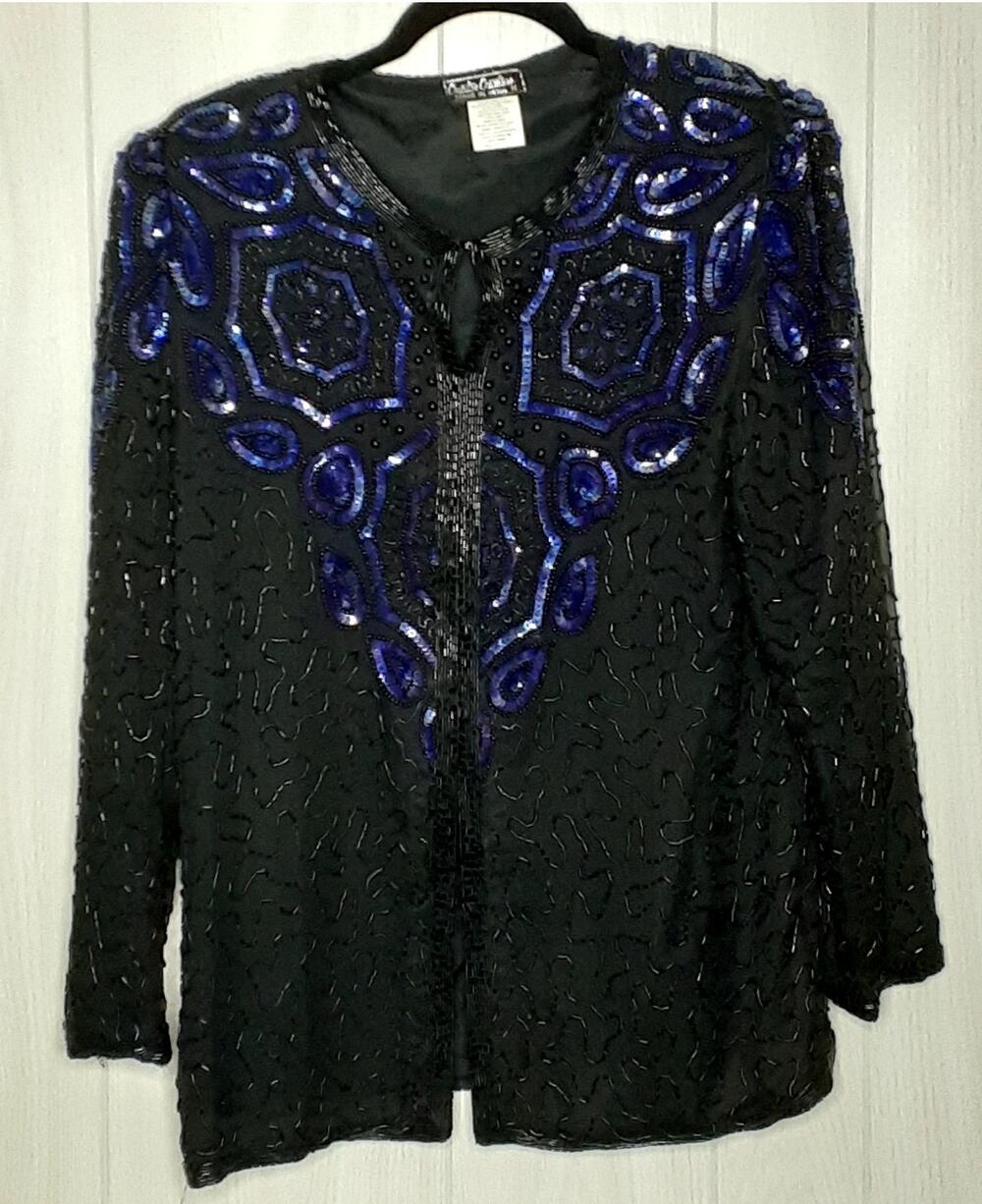 Ladies 80s Vintage Creative Creations 100% Silk Embellished Jacket Topper Size M